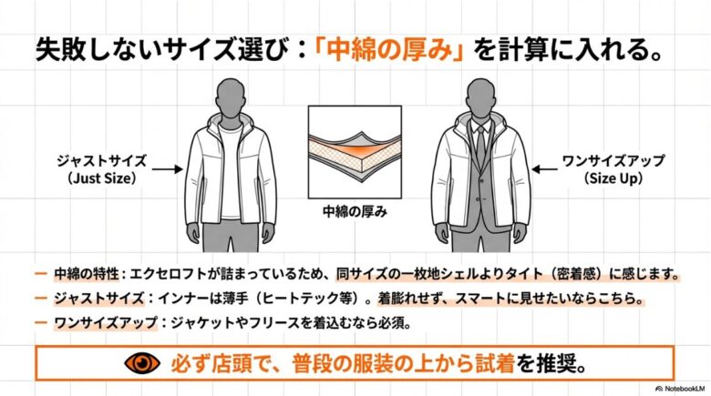 中綿の厚みを考慮したジャストサイズとワンサイズアップの着用イメージの比較、および店頭試着を推奨するスライド。
