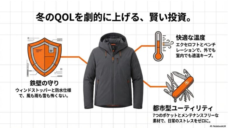 快適な温度、鉄壁の守り、都市型ユーティリティの3点から、パウダーグライドパーカが賢い投資であることを総括するスライド。