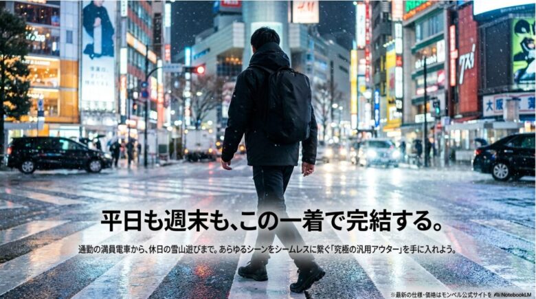 通勤から雪山遊びまでシームレスに繋ぐ「究極の汎用アウター」を提案するエンディングスライド。
