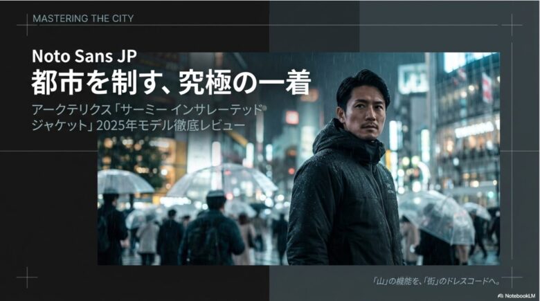 都会の雨の中、アークテリクスのサーミー インサレーテッドジャケットを着用して立つ男性のイメージ画像。2025年モデル徹底レビューの文字入り。