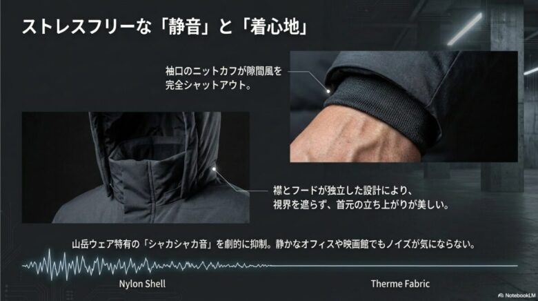 シャカシャカ音を抑制する素材、袖口のニットカフ、襟とフードが独立した美しい立ち上がりを説明する画像。