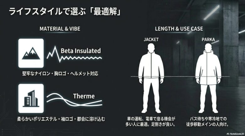 堅牢なベータと都会的なサーミーの素材・ロゴ位置の比較、およびジャケット丈とパーカ丈の使い分け目安を示すスライド