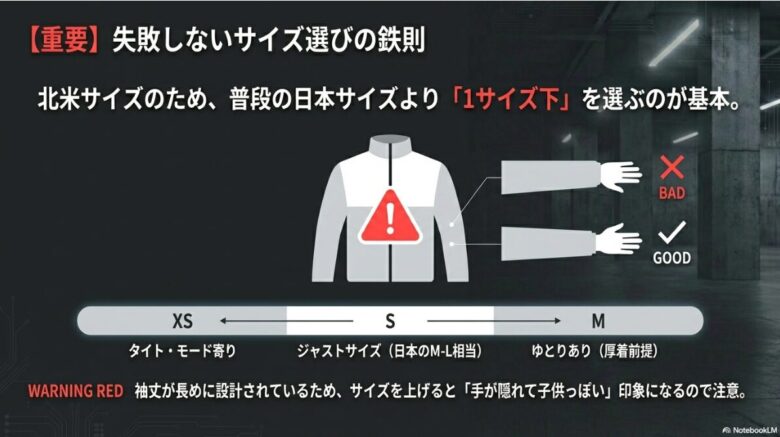 日本サイズより1サイズ下を推奨する基準と、袖丈が長くなりすぎる「BAD」な例をイラストで比較したサイズガイド。