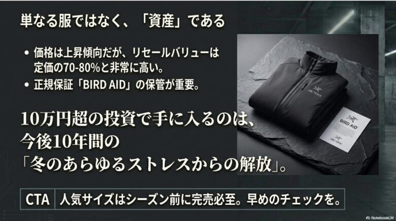 70-80%という高いリセールバリューとBIRD AID保管の重要性、10年間のストレスからの解放を強調したまとめスライド。