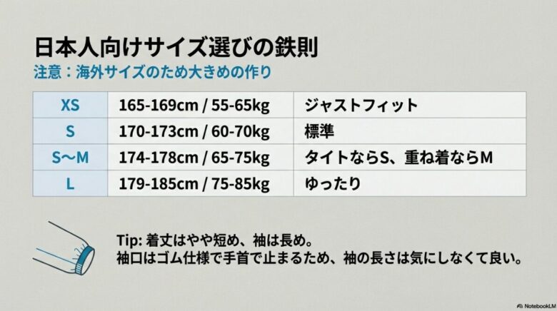 身長・体重別の日本人向けサイズ表。XSからLサイズまでのフィット感の目安と、着丈・袖丈の設計に関するアドバイス。