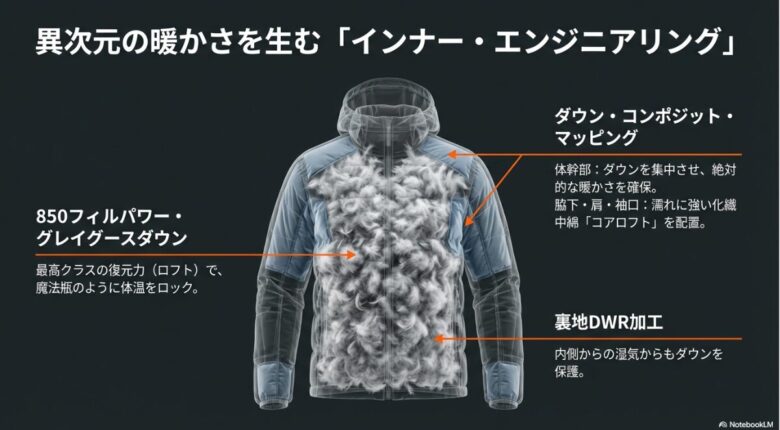 体幹にダウンを配置し、脇下や肩に化繊中綿コアロフトを配置したダウン・コンポジット・マッピングの解説図