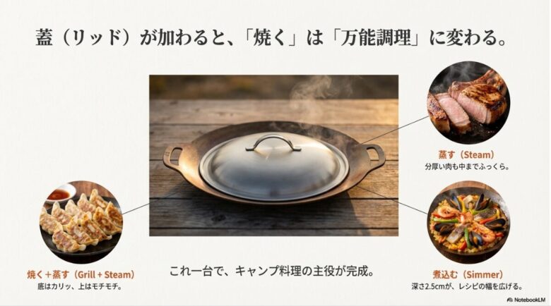 リッドを使って「蒸す」「焼く＋蒸す」「煮込む」調理ができることを、ステーキ、餃子、パエリアの写真で紹介するスライド。