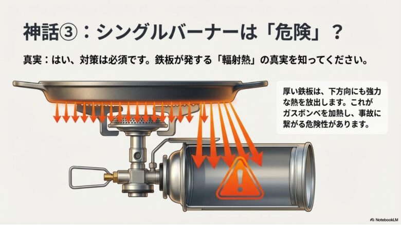 厚い鉄板から下方向へ放出される熱（輻射熱）がガスボンベを加熱し、爆発に繋がるリスクを図解した警告スライド。