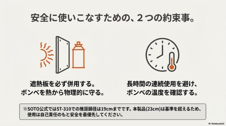 「遮熱板を必ず併用する」「長時間の連続使用を避ける」という安全対策と、SOTO公式の推奨鍋径に関する注意書きが記載されたスライド