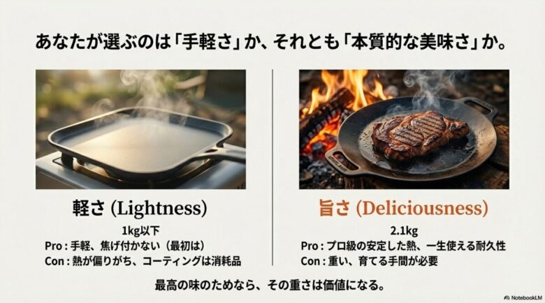 軽量なコーティング鍋のメリット・デメリットと、2.1kgの鉄板のメリット・デメリットを対比させた比較スライド