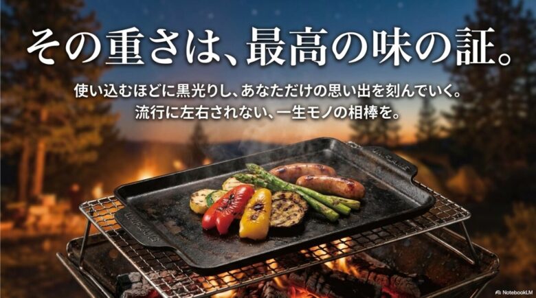 「その重さは、最高の味の証。」というメッセージとともに、焚き火で肉を焼く鉄板の写真が配置された、まとめのスライド