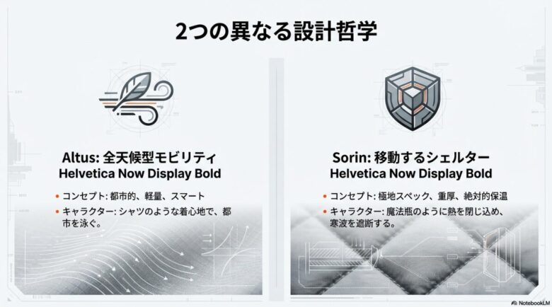 軽量なモビリティを象徴するアルタスの羽アイコンと、鉄壁の防護を象徴するソリンのシールドアイコンの比較