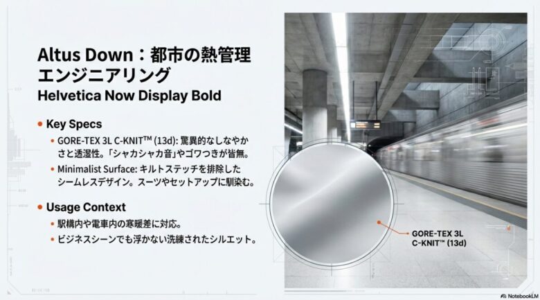 駅構内の背景に、GORE-TEX 3L C-KNIT (13d) のしなやかな素材感を強調したイメージ画像。