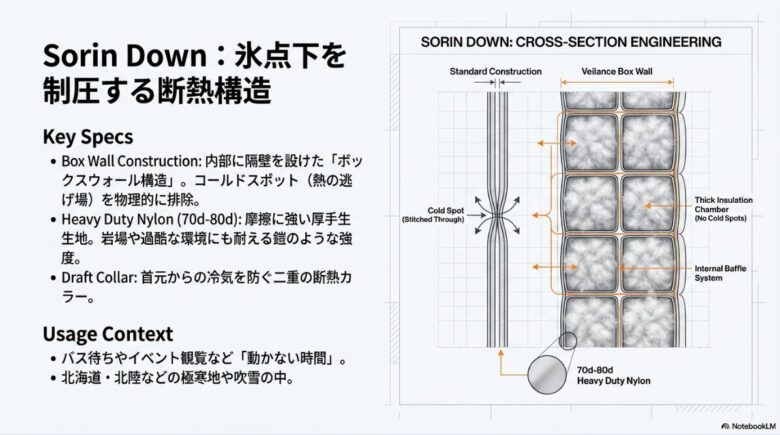 標準的なステッチスルー構造と、熱が逃げないヴェイランス独自のボックスウォール構造を比較した詳細な断面エンジニアリング図