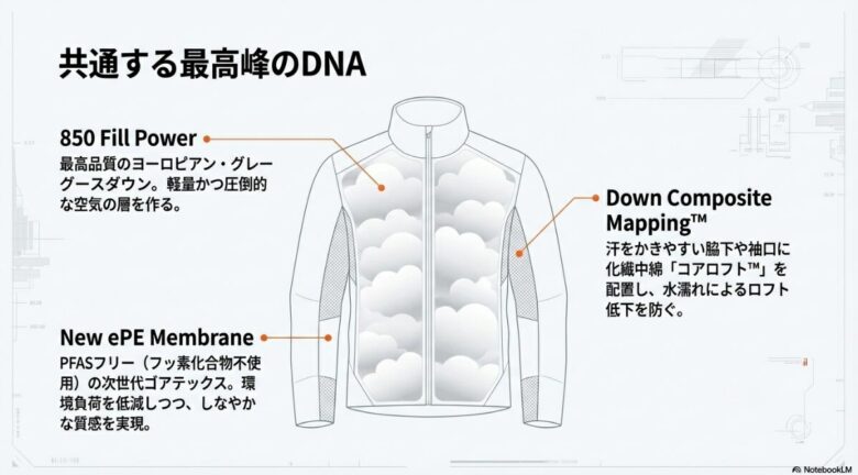 850FPダウン、新ePEメンブレン、ダウンコンポジットマッピングの3大コア技術を解説したインフォグラフィック。