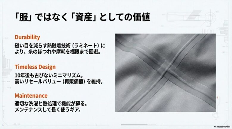 糸のほつれを回避し、シームレスな美しさと強度を実現するラミネート（熱融着）加工の接写画像。