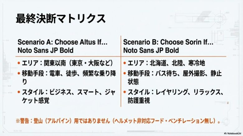 地域（関東以南か寒冷地か）、移動手段、スタイルから最適なモデルを一目で判断できるシナリオ別比較表。