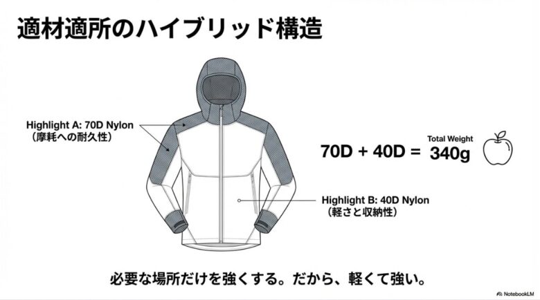 摩耗しやすい箇所に70デニール、その他に40デニールのナイロンを配置したハイブリッド構造と、総重量340g（リンゴ1個分）であることを示すイラスト