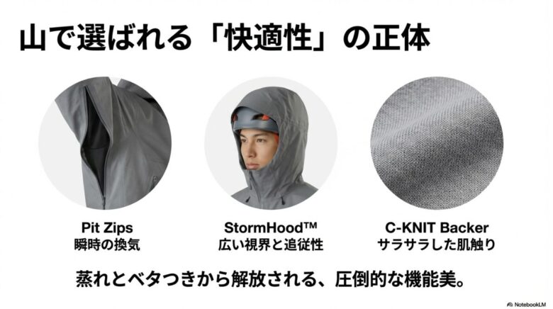 換気用のピットジップ、視界の広いストームフード、肌触りの良いC-KNITバッカーの3つの快適機能を詳しく紹介するスライド