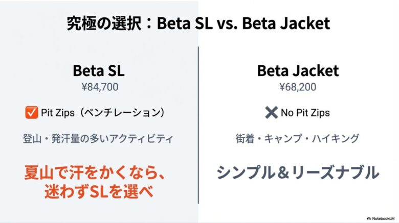 価格差とピットジップの有無を比較し、発汗量の多い登山にはベータSL、シンプルな街着にはベータジャケットを推奨する比較表スライド