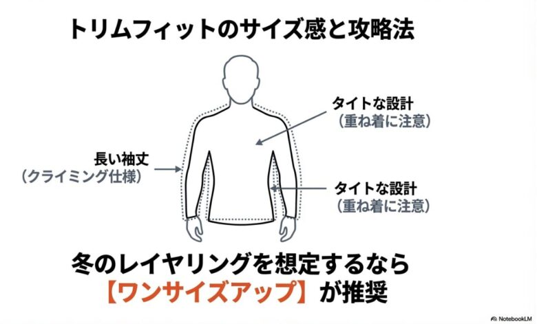 タイトな設計や長い袖丈といったサイズ特性と、冬のレイヤリングを想定したワンサイズアップの推奨を説明する図解
