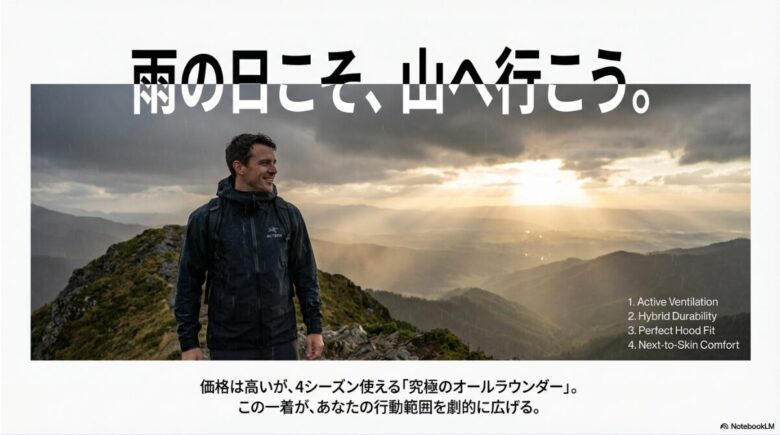 「雨の日こそ、山へ行こう。」というキャッチコピーと共に、ベータSLの4つのメリット（換気・耐久性・フィット・快適性）を総括するスライド