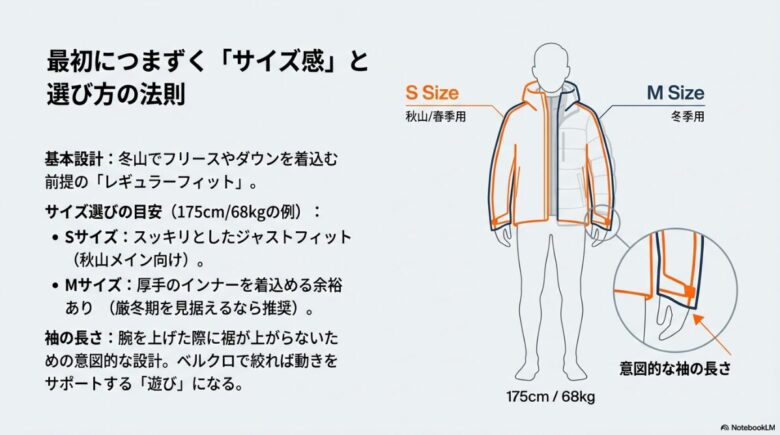 175cm 68kgのモデルによるベータARのSサイズとMサイズの着用比較と、意図的な袖丈の設計を解説する図解