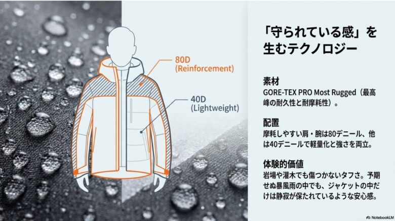 肩・腕の80デニール補強とボディの40デニール軽量素材の配置、ゴアテックスプロの耐久性を説明する技術解説図