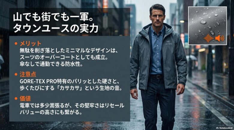 ミニマルなデザインによるスーツへの適応性と、生地の音や硬さに関するタウンユースでの注意点のまとめ