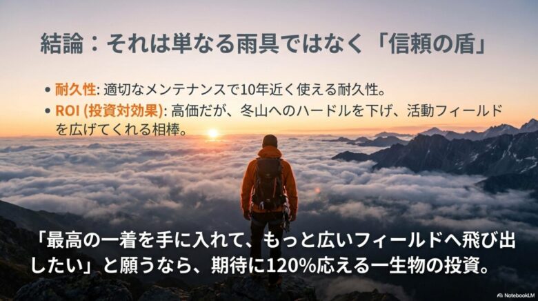 0年使える耐久性と広いフィールドへ踏み出すための投資価値をまとめ、信頼の盾としての結論を示す最終スライド