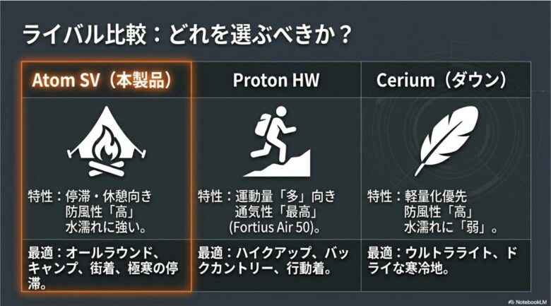 アークテリクスの主要インサレーション比較図。アトムSV（停滞向き）、プロトンHW（運動向き）、セリウム（軽量化優先）のそれぞれの特性と最適な使用シーンを比較している。
