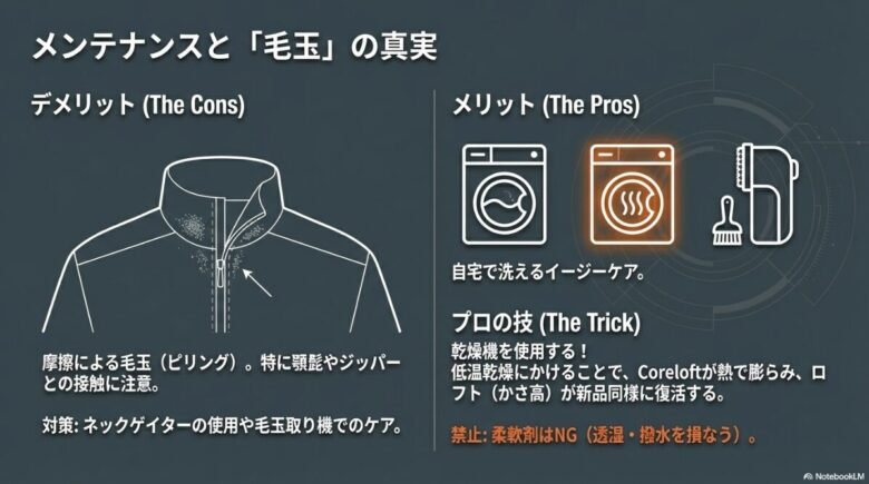 摩擦による毛玉（ピリング）ができやすい箇所の図解と、乾燥機を使用したロフト復活の裏技解説。柔軟剤の使用禁止についても触れている