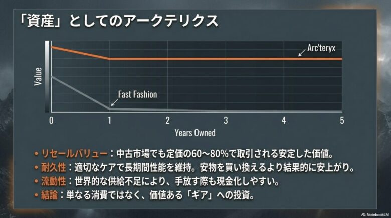 アークテリクス製品とファストファッションのリセールバリューを比較したグラフ。中古市場でも定価の60〜80%で取引される高い価値と、供給不足による流動性について解説している。
