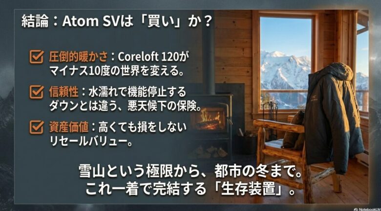 レビューのまとめスライド。圧倒的な暖かさ、信頼性、資産価値の3つのポイントを挙げ、雪山から都市までこれ一着で完結する「生存装置」であることを強調している。  