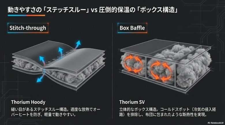 ステッチスルー構造とボックスバッフル構造の断面図比較。冷気の侵入経路（コールドスポット）の違いを説明する図。