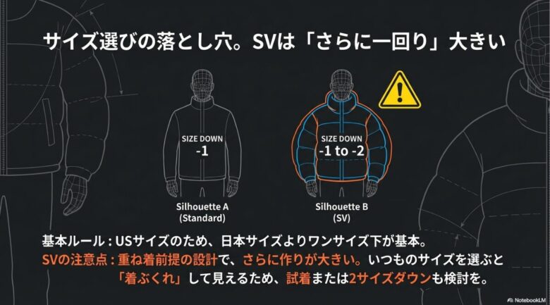 アークテリクスのUSサイズ基準と、ソリウムSVがさらに一回り大きく作られていることを示すサイズ感の注意点スライド。