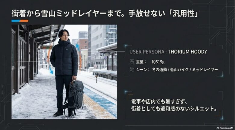 街中や低山ハイクで活躍するソリウムフーディの着用イメージと、重量約515g、汎用性の高さを紹介するスライド。