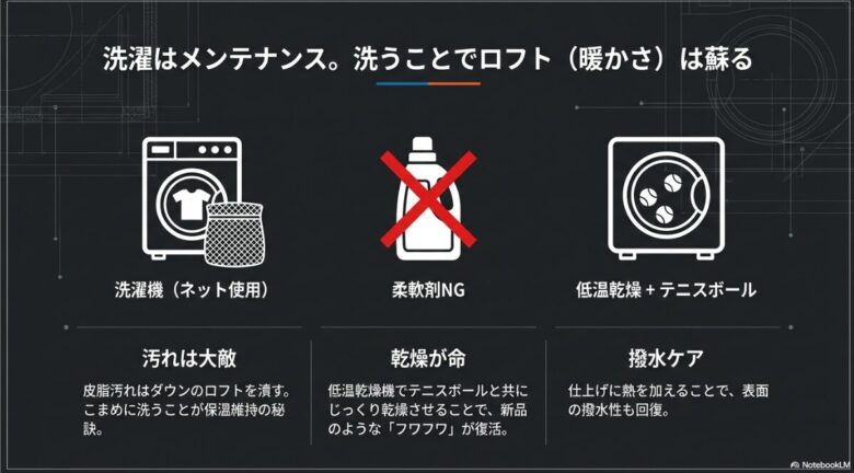 洗濯機での丸洗い、柔軟剤の使用禁止、テニスボールを用いた低温乾燥など、ダウンを蘇らせるお手入れ方法の解説図。
