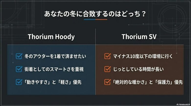 使用環境や目的に応じて、フーディかSVかを選択するためのチェックリスト形式の比較診断スライド。