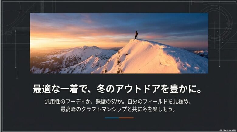 「最適な一着で、冬のアウトドアを豊かに。」というメッセージと共に、冬のフィールドへ向かう期待感を高めるエンディングスライド。