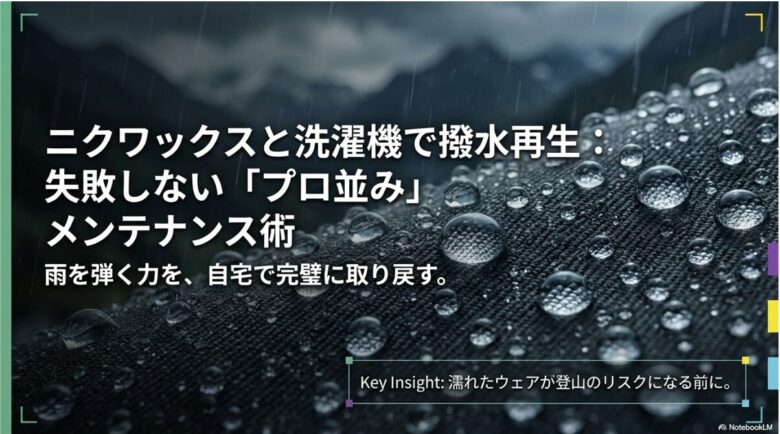 ニクワックスと洗濯機を使用してアウトドアウェアの撥水性を自宅で再生するメンテナンス術のタイトル画像。