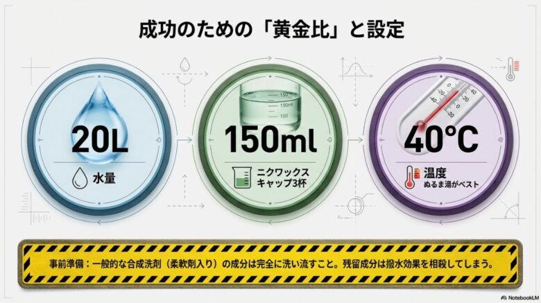 20Lの水に対してニクワックス150ml（キャップ3杯）を投入し、40度のぬるま湯を使用することを示す黄金比の図解