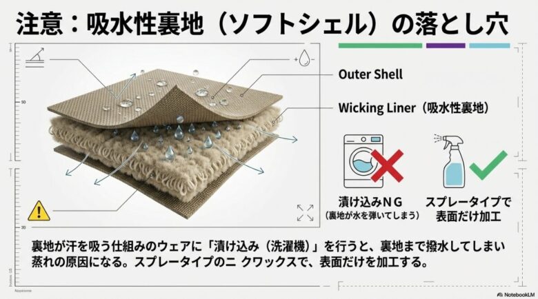 ソフトシェルのような吸水性裏地があるウェアに洗濯機での漬け込み加工を行うと蒸れの原因になるため、表面のみスプレー加工を推奨する図解。