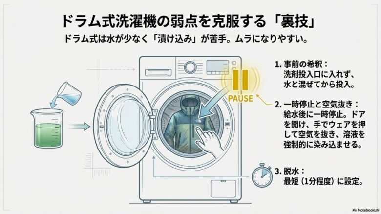 ドラム式洗濯機でニクワックスを均一に定着させるための、事前の希釈、一時停止しての空気抜き、1分間の最短脱水の手順