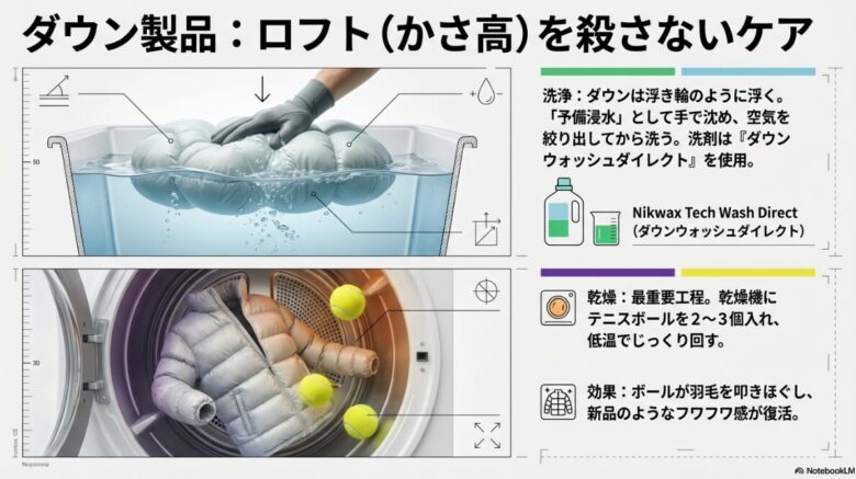 ダウン製品の空気を抜いて洗う予備浸水の手順と、乾燥機にテニスボールを入れて低温乾燥させロフトを復活させる様子。