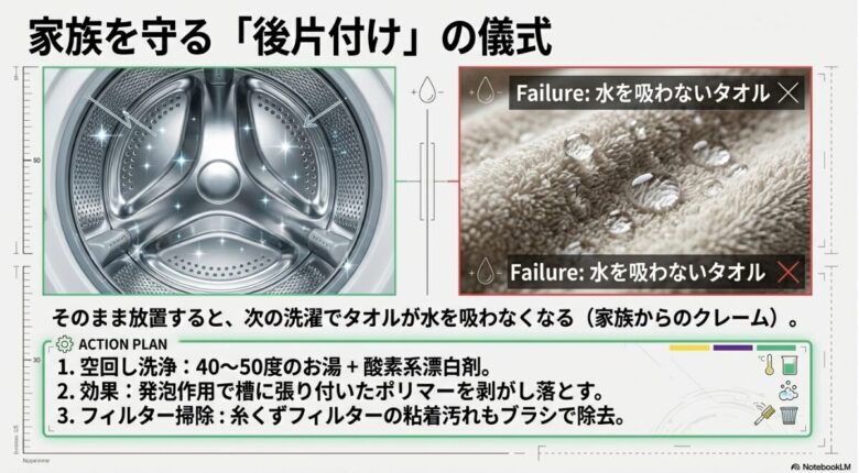 ニクワックス使用後に洗濯槽に張り付いたポリマーを酸素系漂白剤と40〜50度のお湯で剥がし落とす後片付けの手順。