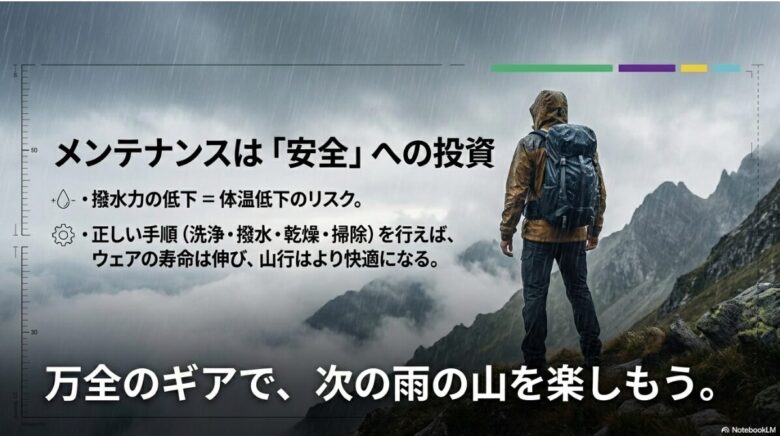 撥水力の維持が体温低下リスクを防ぐこと、正しいメンテナンスがウェアの寿命を延ばし快適な山行に繋がることを示す総括図。