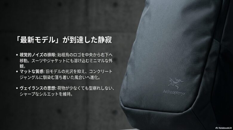 ロゴ位置の変更、マットな質感、型崩れしないシルエットなど、2023年モデルの視覚的進化をまとめたスライド。