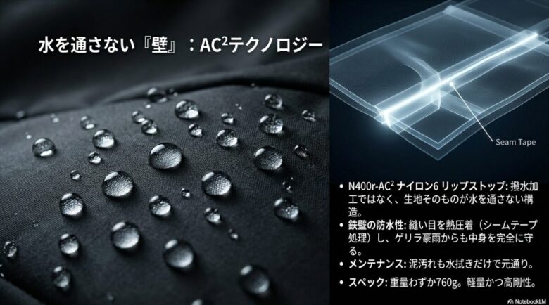 N400r-AC2素材、シームテープ処理、760gの軽量性、メンテナンス性について解説するスペック表スライド。