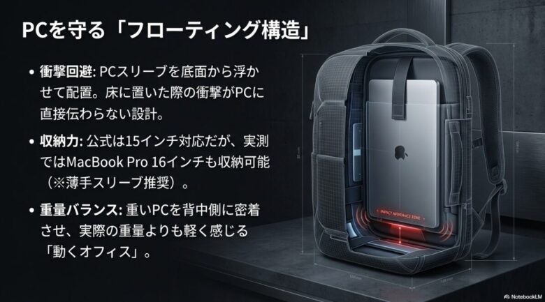 PCスリーブを底面から浮かせた衝撃回避設計と、16インチMacBook Proの収納、重量バランスを説明するスライド。